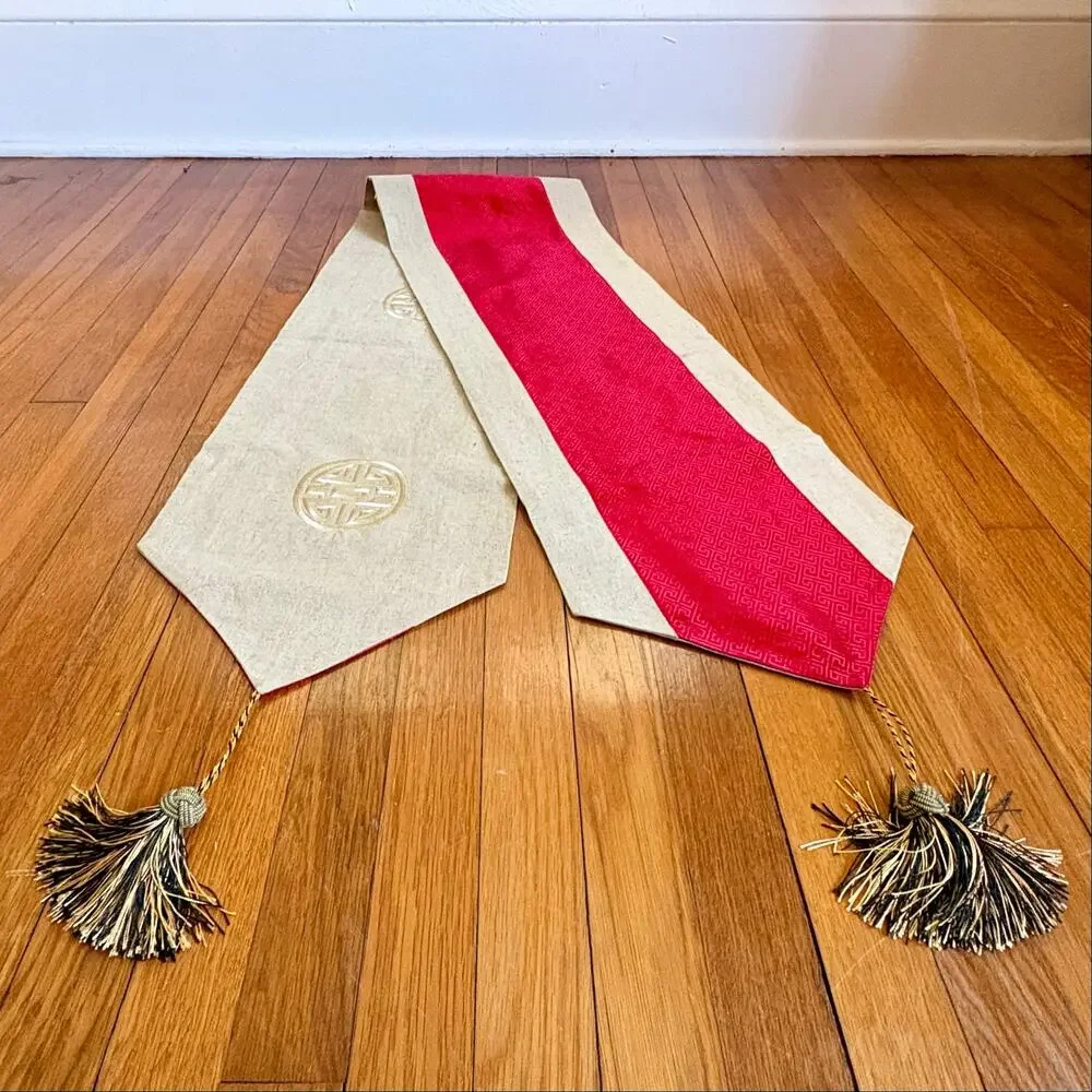 Reversible Asian Brocade Table Runner Red Tan Shou Tassels